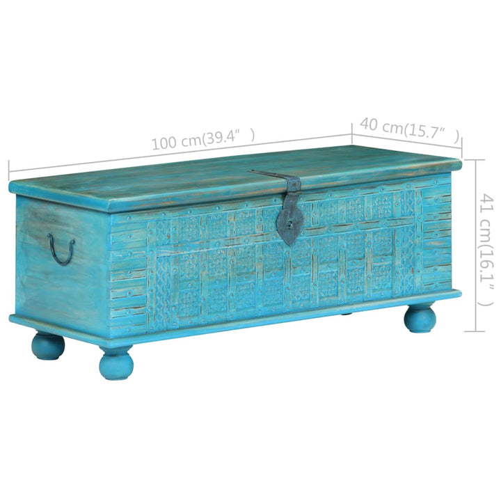 Aufbewahrungstruhe Massivholz Mango Blau 100X40X41 Cm Weiß Und Dunkel-Transparent