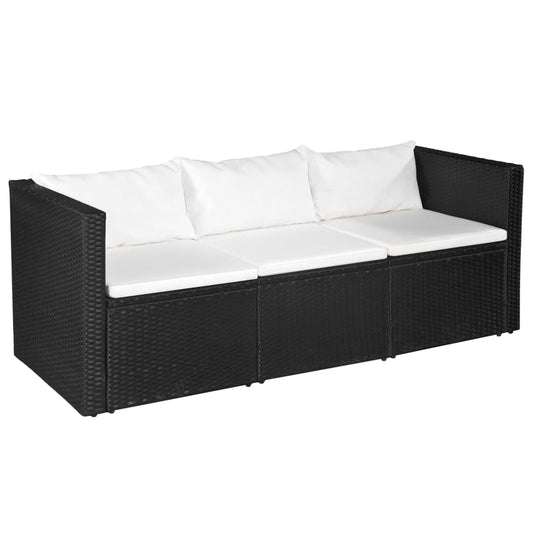 3-Sitzer-Gartensofa Schwarz Poly Rattan Mit Weißen Kissen