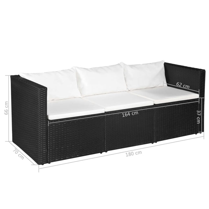 3-Sitzer-Gartensofa Schwarz Poly Rattan Mit Weißen Kissen