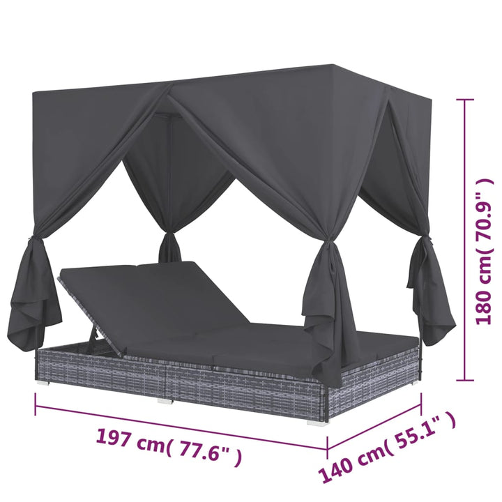 Outdoor-Lounge-Bett Mit Vorhängen Poly Rattan Grau