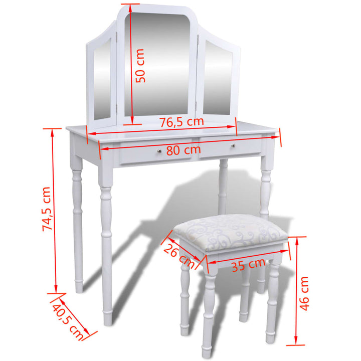 Schminktisch Mit 3-In-1 Spiegel Und Hocker 2 Schubladen Weiß