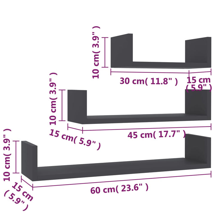 Wandregal 3 Stk. Holzwerkstoff Grau