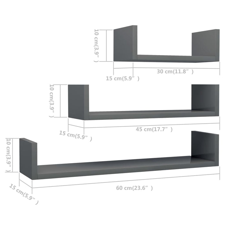 Wandregal 3 Stk. Holzwerkstoff Hochglanz-Grau