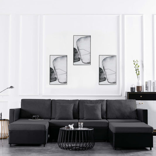 4-Sitzer Schlafsofa Ausziehbar Kunstleder Schwarz