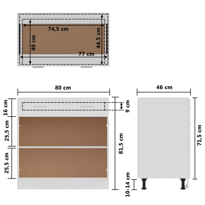 Schubunterschrank 80X46X81,5 Cm Holzwerkstoff Hochglanz-Weiß