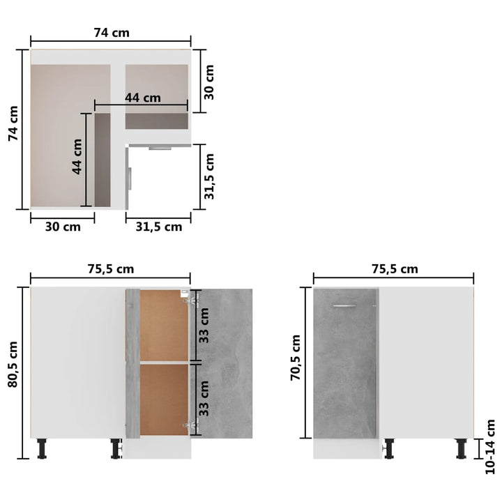 Eckunterschrank 75,5X75,5X81,5 Cm Holzwerkstoff Betongrau