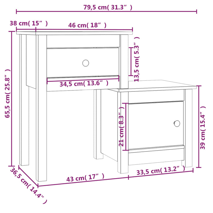 Nachttisch 79,5X38X65,5 Cm Massivholz Kiefer