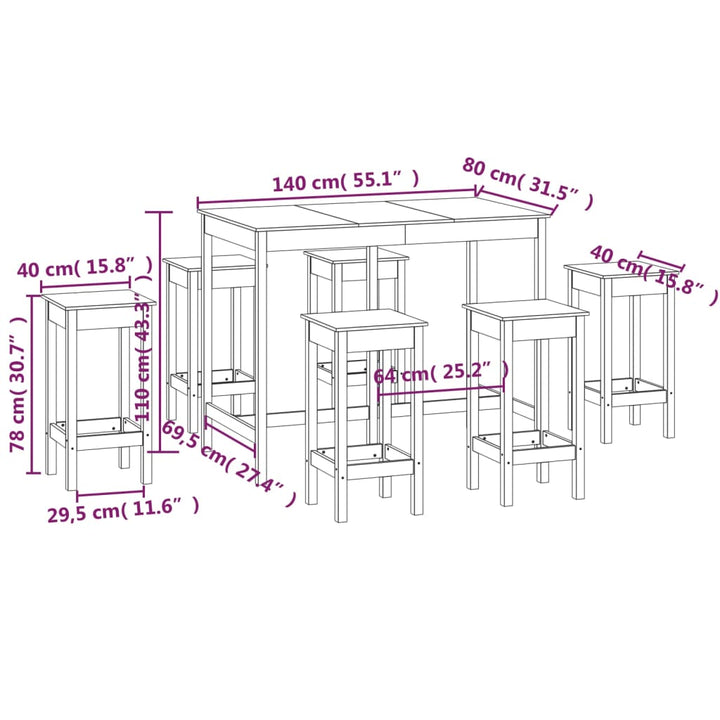 7-Tlg. Bar-Set Massivholz Kiefer