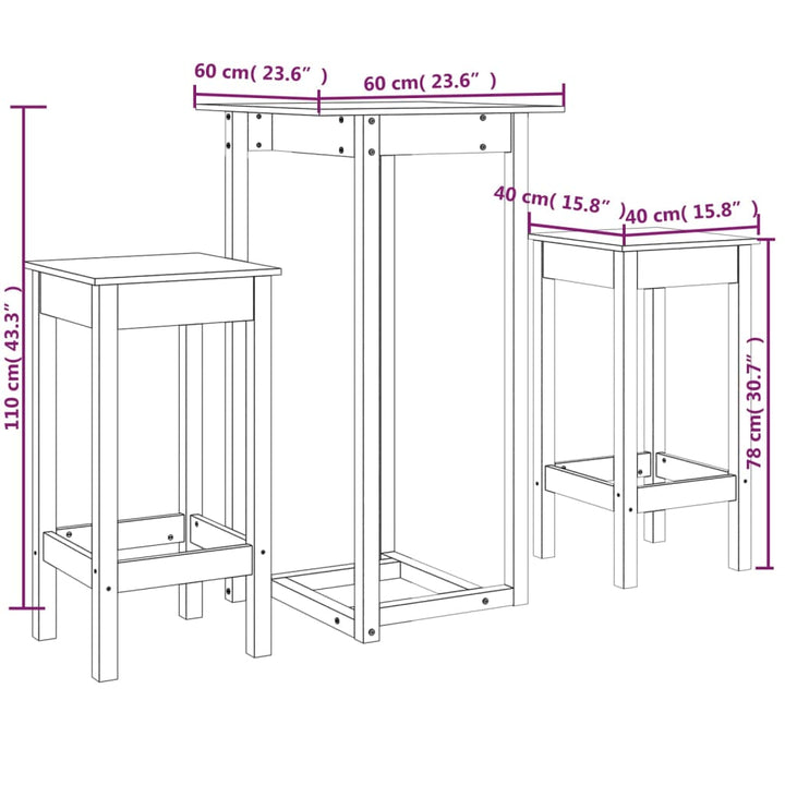 3-Tlg. Bar-Set Massivholz Kiefer