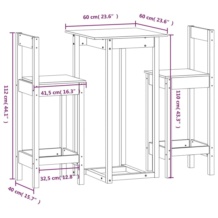 3-Tlg. Bar-Set Massivholz Kiefer