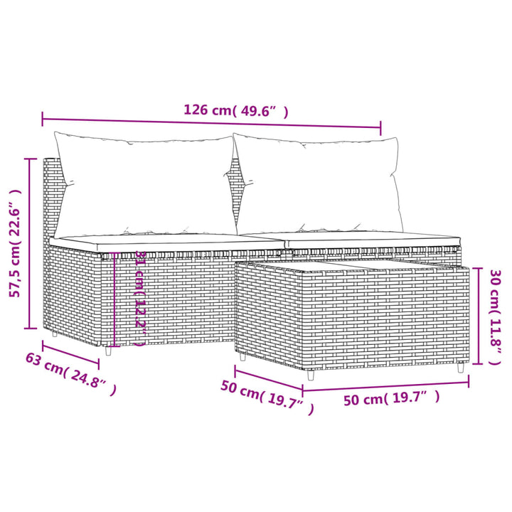 3-Tlg. Garten-Lounge-Set Mit Kissen Poly Rattan