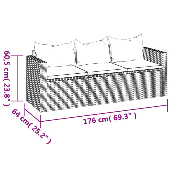 Gartensofa 3-Sitzer Mit Kissen Poly Rattan