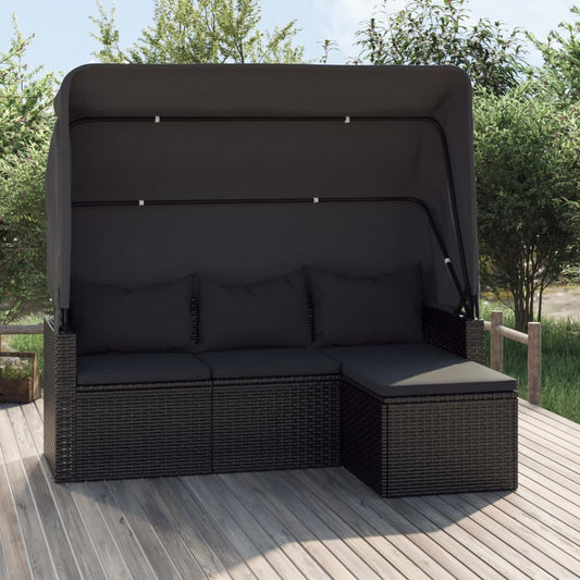 3-Sitzer-Gartensofa Mit Dach Und Fußhocker Poly Rattan