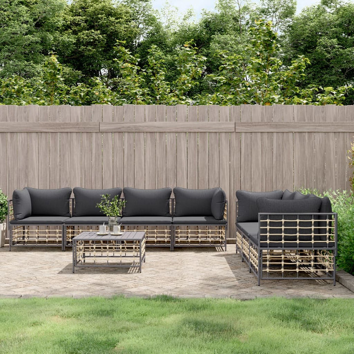 9-Tlg. Garten-Lounge-Set Mit Kissen Anthrazit Poly Rattan