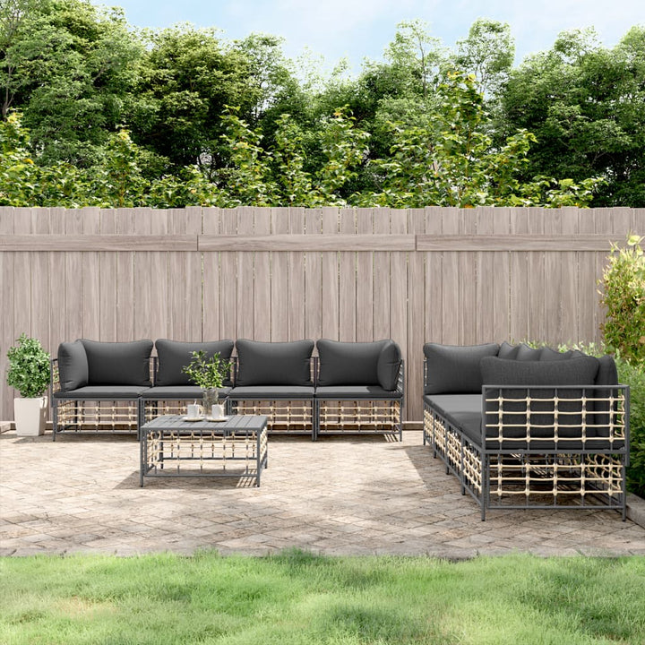 9-Tlg. Garten-Lounge-Set Mit Kissen Anthrazit Poly Rattan