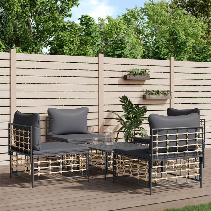 5-Tlg. Garten-Lounge-Set Mit Kissen Anthrazit Poly Rattan