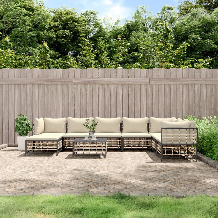 9-Tlg. Garten-Lounge-Set Mit Kissen Anthrazit Poly Rattan