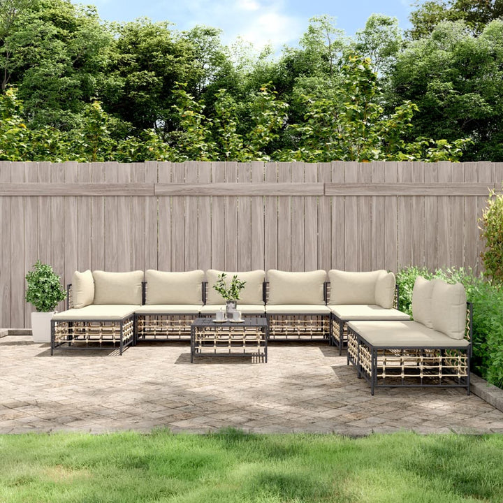 10-Tlg. Garten-Lounge-Set Mit Kissen Anthrazit Poly Rattan