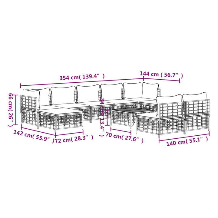 10-Tlg. Garten-Lounge-Set Mit Kissen Anthrazit Poly Rattan