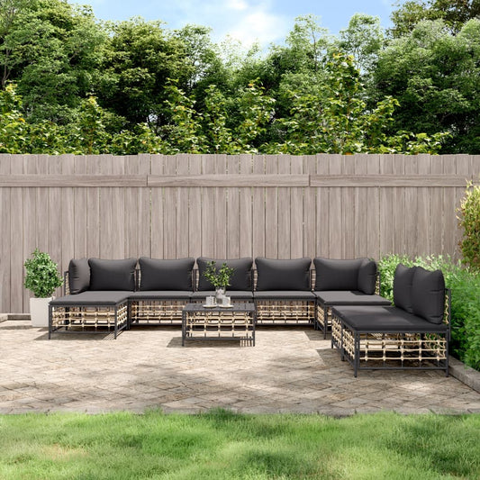 10-Tlg. Garten-Lounge-Set Mit Kissen Anthrazit Poly Rattan