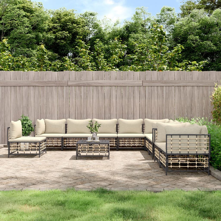 11-Tlg. Garten-Lounge-Set Mit Kissen Anthrazit Poly Rattan