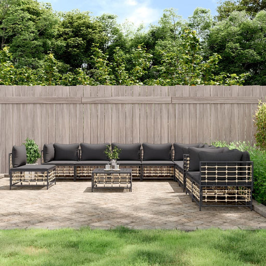 11-Tlg. Garten-Lounge-Set Mit Kissen Anthrazit Poly Rattan