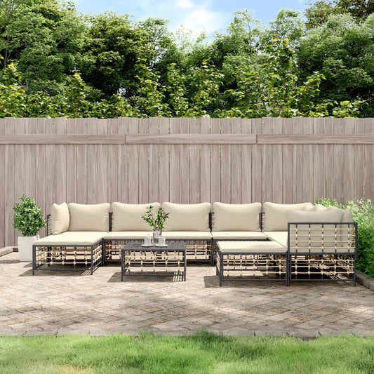 10-Tlg. Garten-Lounge-Set Mit Kissen Anthrazit Poly Rattan