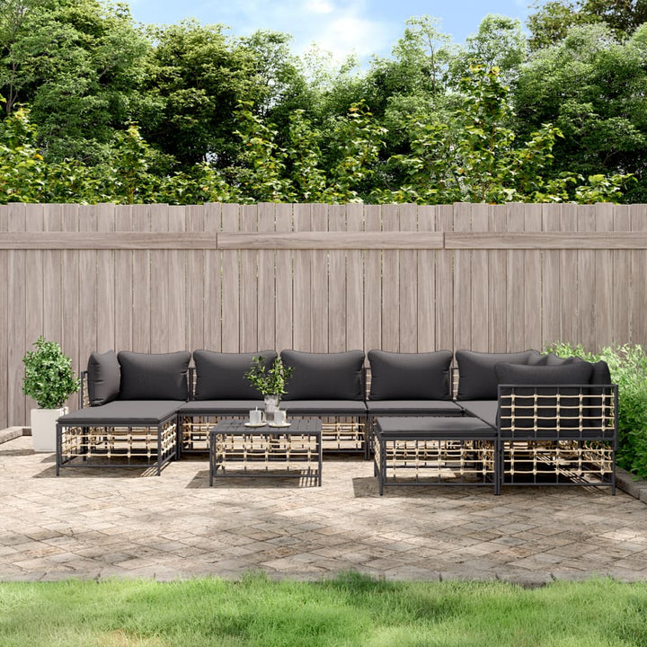 10-Tlg. Garten-Lounge-Set Mit Kissen Anthrazit Poly Rattan