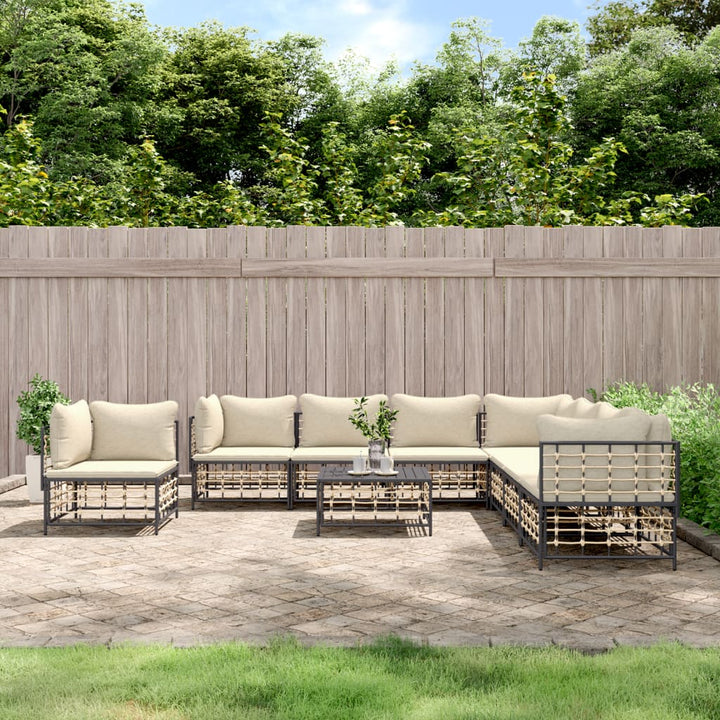 9-Tlg. Garten-Lounge-Set Mit Kissen Anthrazit Poly Rattan