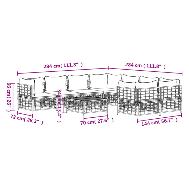 9-Tlg. Garten-Lounge-Set Mit Kissen Anthrazit Poly Rattan