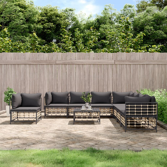 9-Tlg. Garten-Lounge-Set Mit Kissen Anthrazit Poly Rattan