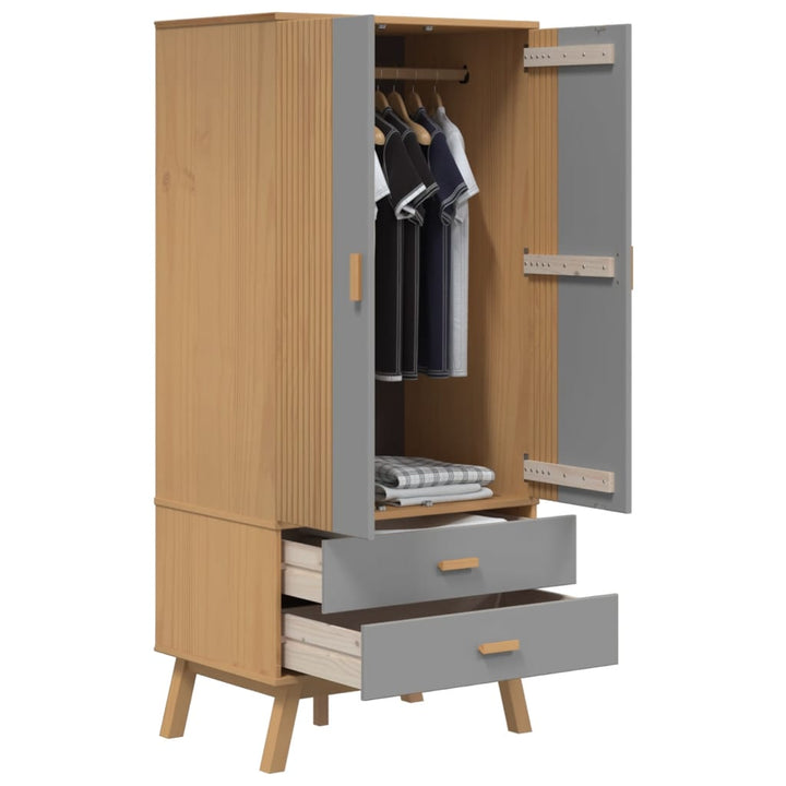 Kleiderschrank Olden Grau Braun 76,5X53X172Cm Massivholz Kiefer