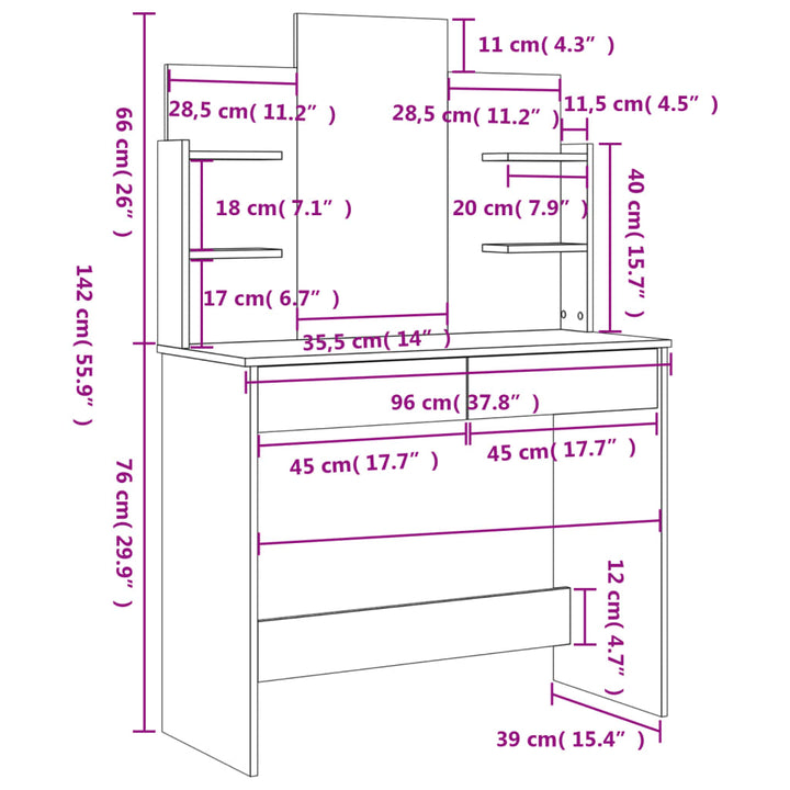 Schminktisch Mit Spiegel 96X39X142 Cm