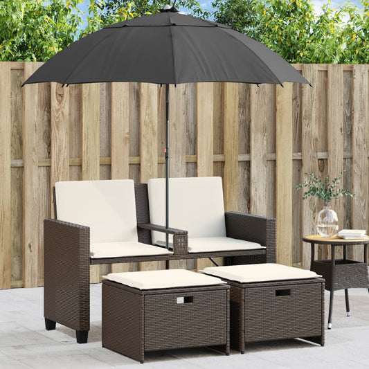 Gartensofa 2-Sitzer Sonnenschirm Und Hocker Poly Rattan