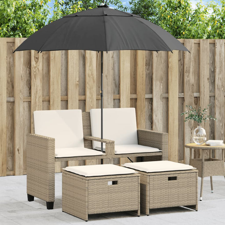 Gartensofa 2-Sitzer Sonnenschirm Und Hocker Poly Rattan