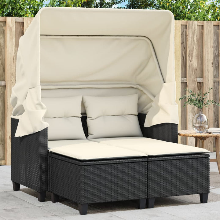 Gartensofa 2-Sitzer Mit Dach Und Hockern Poly Rattan