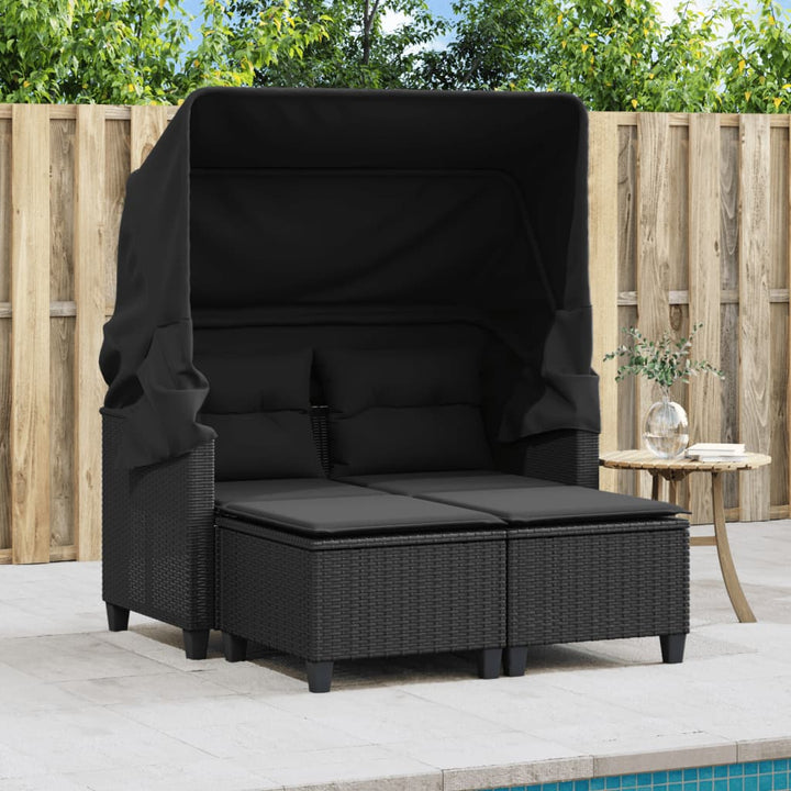 Gartensofa 2-Sitzer Mit Dach Und Hockern Poly Rattan Schwarz