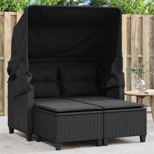 Gartensofa 2-Sitzer Mit Dach Und Hockern Poly Rattan Schwarz