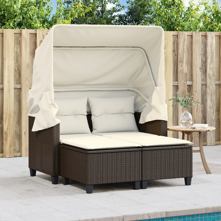 Gartensofa 2-Sitzer Mit Dach Und Hockern Poly Rattan