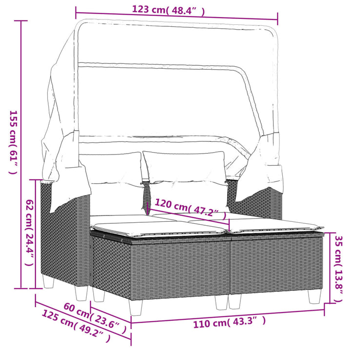 Gartensofa 2-Sitzer Mit Dach Und Hockern Poly Rattan