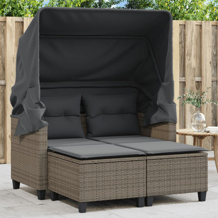 Gartensofa 2-Sitzer Mit Dach Und Hockern Poly Rattan