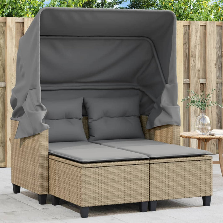 Gartensofa 2-Sitzer Mit Dach Und Hockern Poly Rattan