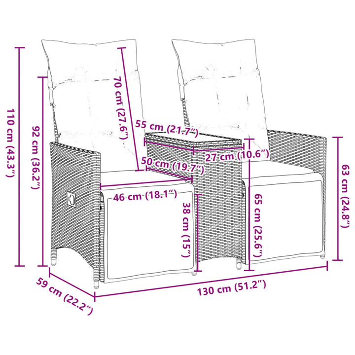 Gartensofa 2-Sitzer Verstellbar Mit Tisch Poly Rattan Grau