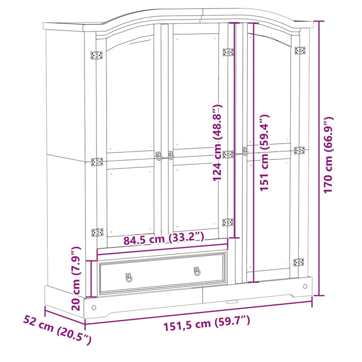 Kleiderschrank Corona 151,5X52X170 Cm Massivholz Kiefer