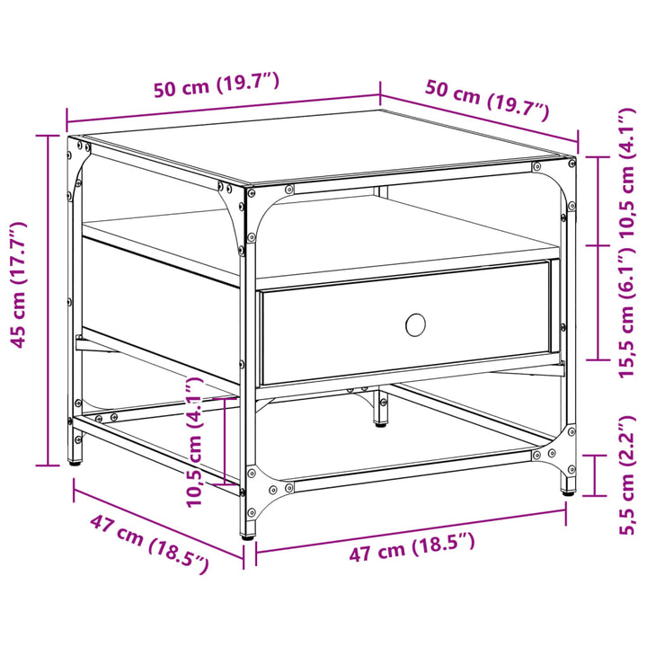 Couchtisch Mit Glasplatte Braun Eichen-Optik 50X50X45 Cm Stahl