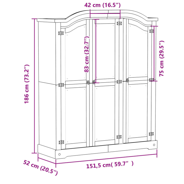 Kleiderschrank Corona 151,5X52X186 Cm Massivholz Kiefer