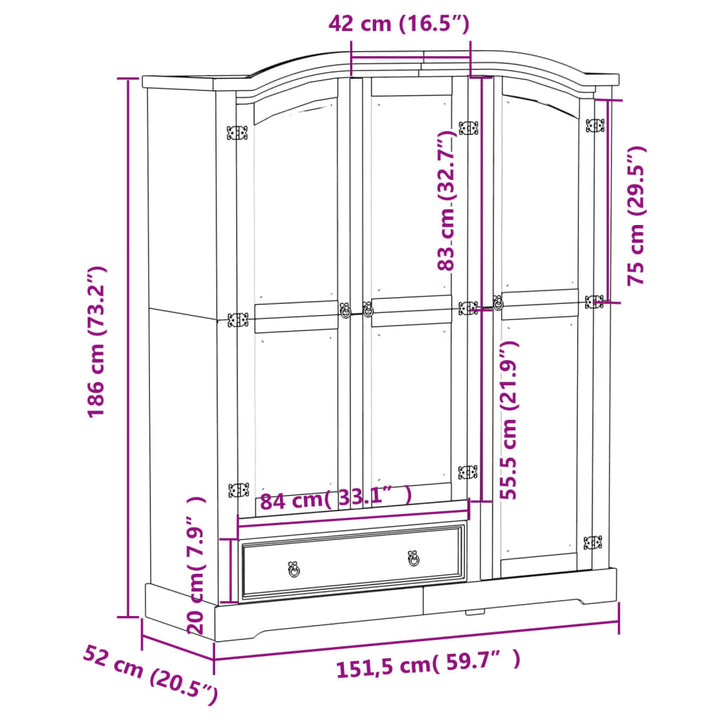 Kleiderschrank Corona 151,5X52X186 Cm Massivholz Kiefer