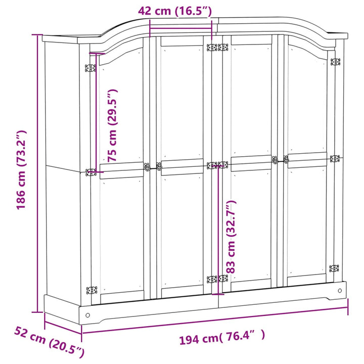 Kleiderschrank Corona 194X52X186 Cm Massivholz Kiefer