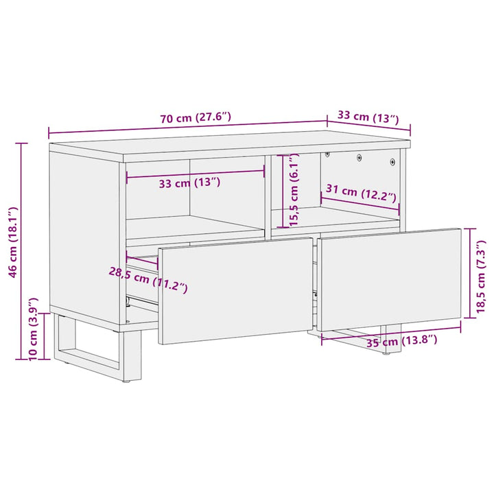 Tv-Schrank Schwarz 70X33X46 Cm Massivholz Mango Weiß