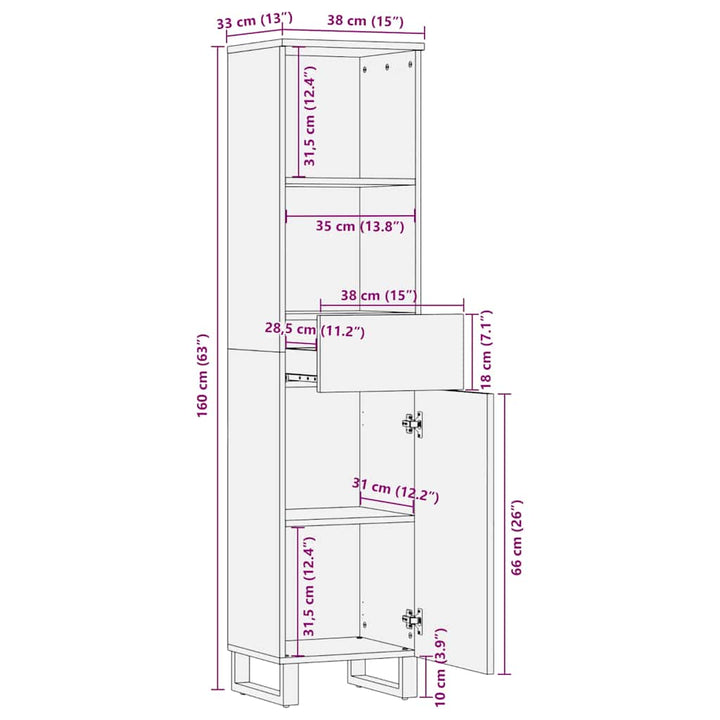 Badschrank Schwarz 38X33X160 Cm Massivholz Mango